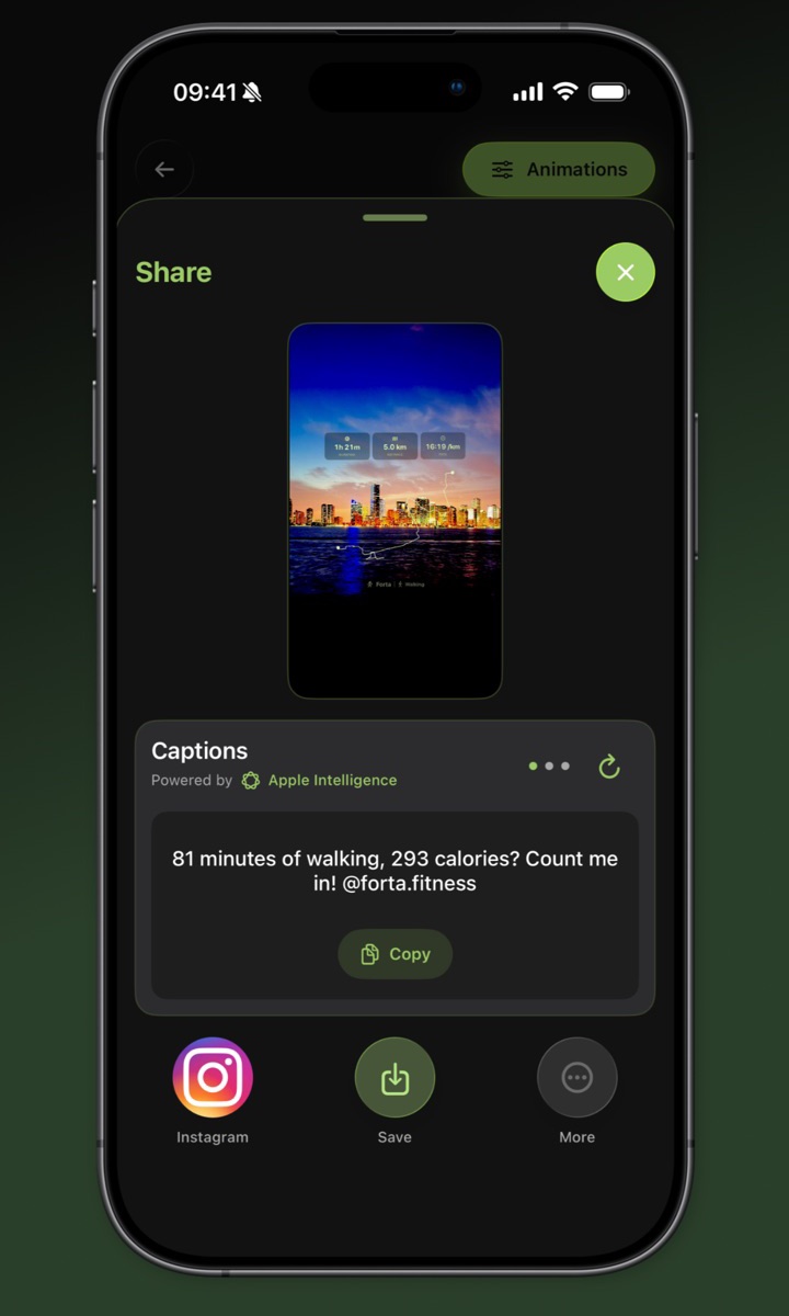 Forta's Share screen with Instagram, Save and More buttons and a suggested caption